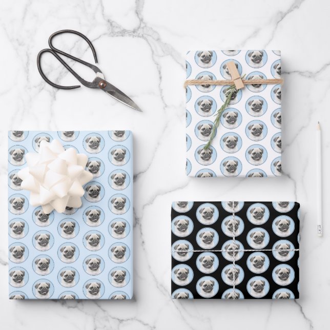 Mops Malerei - Niedliche Original Hunde Kunst Geschenkpapier Set (Vorderseite)