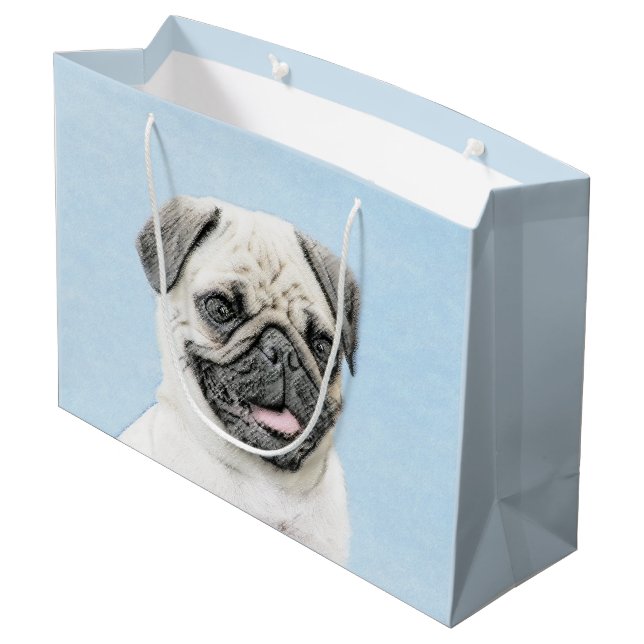 Mops Malerei - Niedliche Original Hunde Kunst Große Geschenktüte (Rückseite Schrägansicht)
