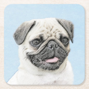 Mops Malerei - Niedliche Original Hunde Kunst Rechteckiger Pappuntersetzer