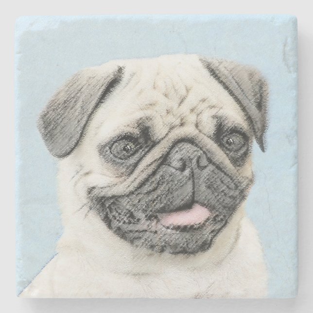 Mops Malerei - Niedliche Original Hunde Kunst Steinuntersetzer (Vorderseite)