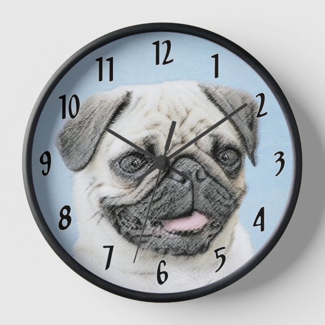 Mops Malerei - Niedliche Original Hunde Kunst Uhr (Vorderseite)