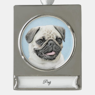 Mops-Malerei - Niedliche Original Hunde-Kunstsilbe Banner-Ornament Silber