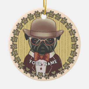 Mops mit Brille Keramik Ornament