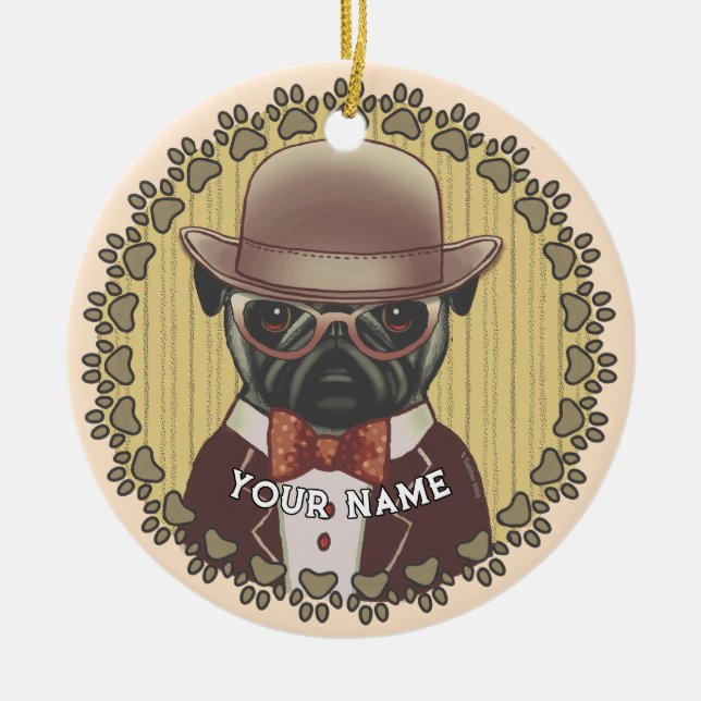 Mops mit Brille Keramik Ornament (Vorne)