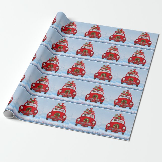 Mops mit dem Weihnachtsmann im Auto Geschenkpapier (Ungerollt)