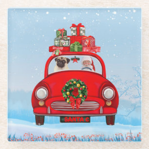 Mops mit dem Weihnachtsmann im Auto Glasuntersetzer