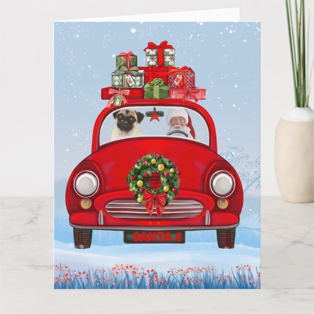 Mops mit dem Weihnachtsmann im Auto Karte (Vorderseite)