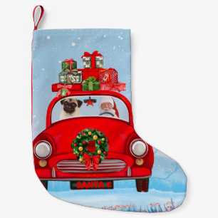 Mops mit dem Weihnachtsmann im Auto Kleiner Weihnachtsstrumpf