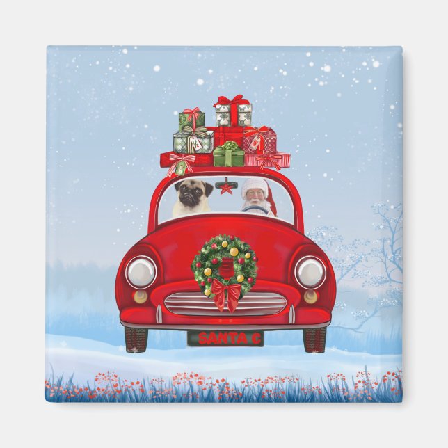 Mops mit dem Weihnachtsmann im Auto Magnet (Vorne)