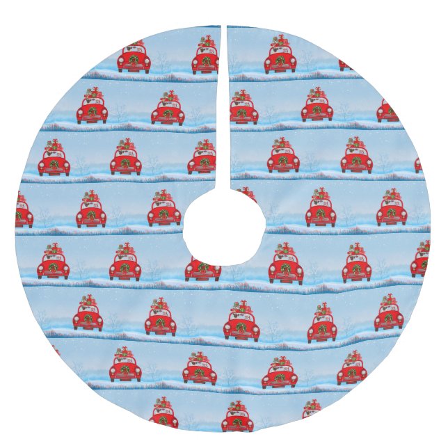 Mops mit dem Weihnachtsmann im Auto Polyester Weihnachtsbaumdecke (Vorderseite)