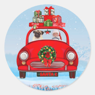 Mops mit dem Weihnachtsmann im Auto Runder Aufkleber