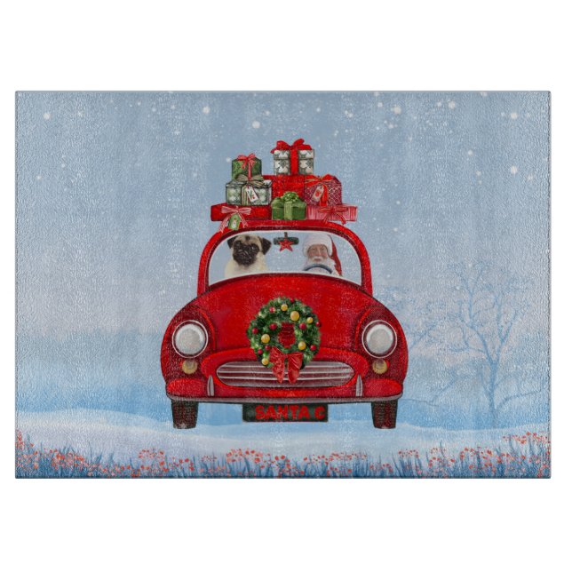 Mops mit dem Weihnachtsmann im Auto Schneidebrett (Vorderseite)