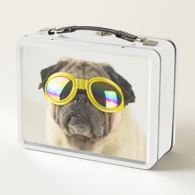 Mops mit Goggles Metall Brotdose (Rückseite)