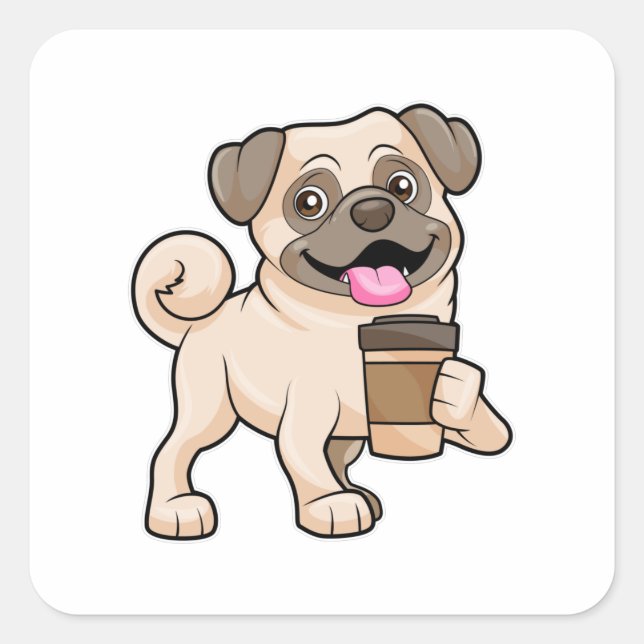 Mops mit Kaffee zum Mitnehmen Quadratischer Aufkleber (Vorderseite)