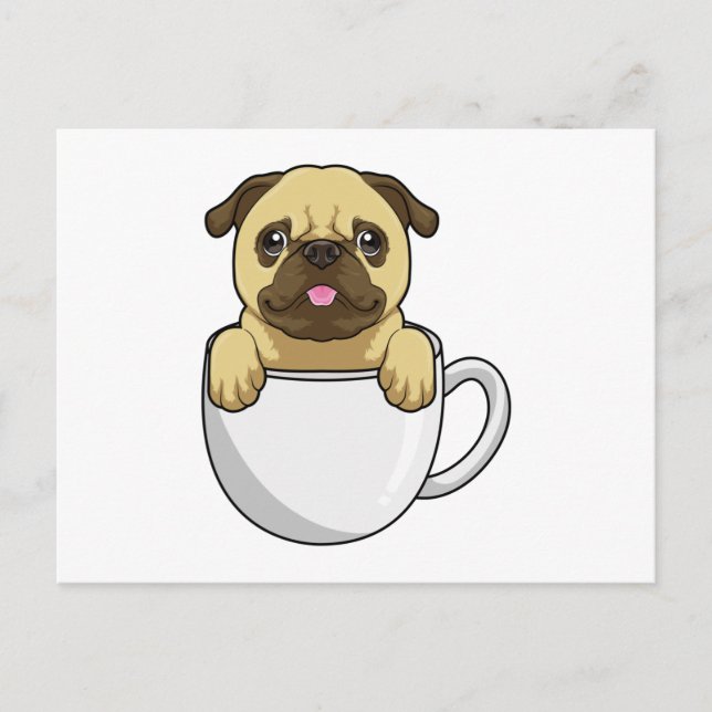 Mops mit Kaffeetasse Postkarte (Vorderseite)