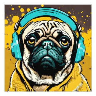 Mops mit Kopfhörer Fotodruck