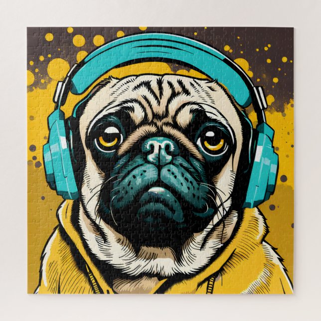 Mops mit Kopfhörer Puzzle (Vertikal)