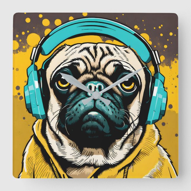 Mops mit Kopfhörer Quadratische Wanduhr (Vorderseite)