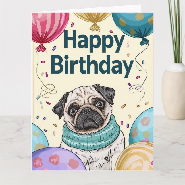 Mops mit Luftballons Karte (Vorderseite)