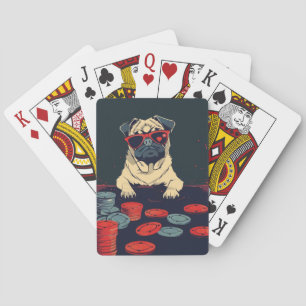 Mops mit Poker Chips Spielkarten
