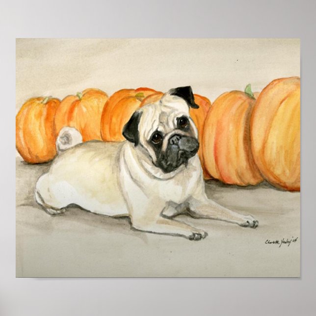 "Mops mit Pumpkins" Hundekunst drucken Poster (Vorne)