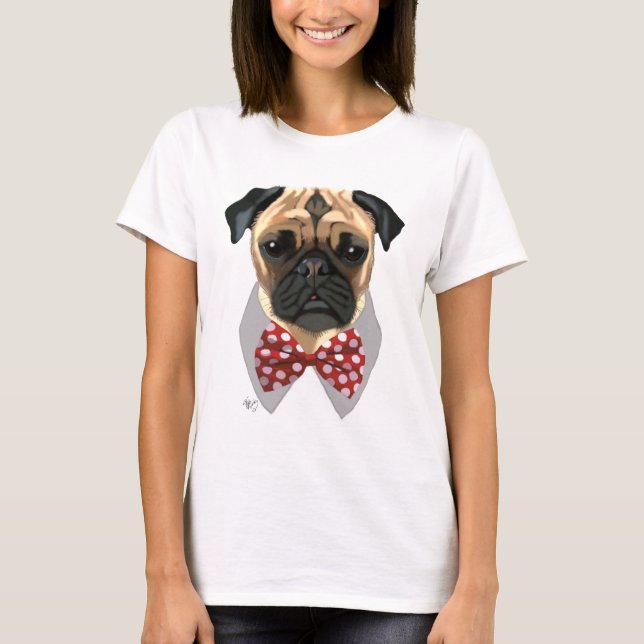 Mops mit Red Gepunktet Bow Krawatte T-Shirt (Vorderseite)