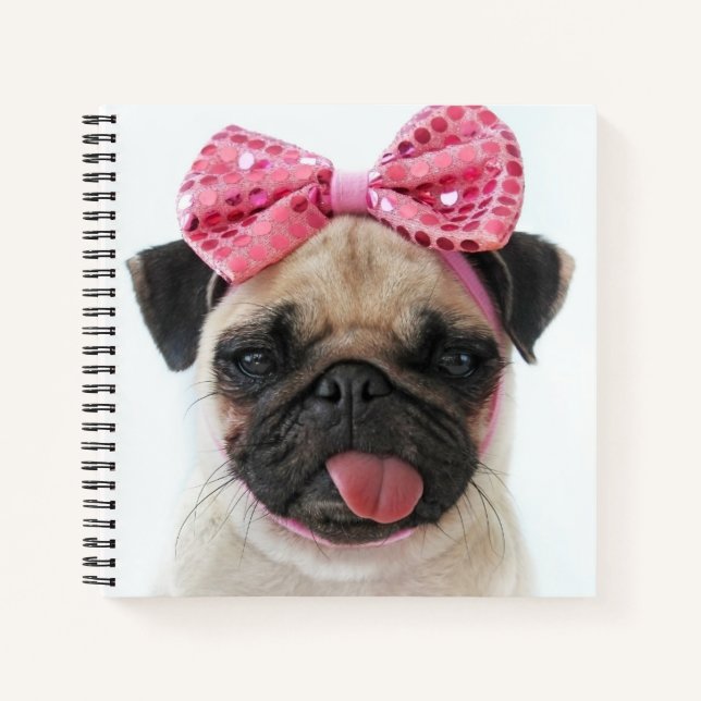 Mops mit rosa Bow Notizbuch (Vorderseite)