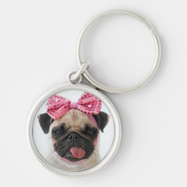 Mops mit rosa Bow Schlüsselanhänger (Vorne)