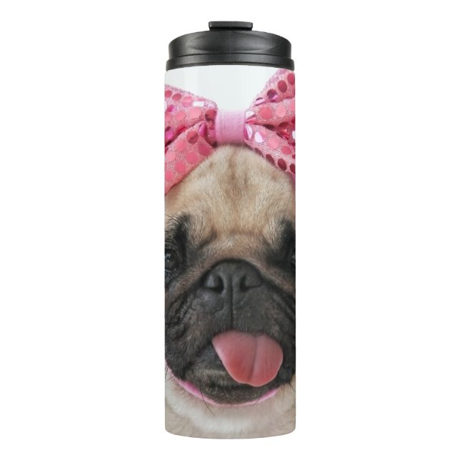 Mops mit rosa Bow Thermosbecher (Vorderseite)
