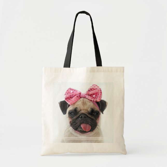 Mops mit rosa Bow Tragetasche (Vorne)
