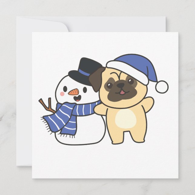 Mops mit Schneemann im Winter zu Weihnachten (Vorderseite)