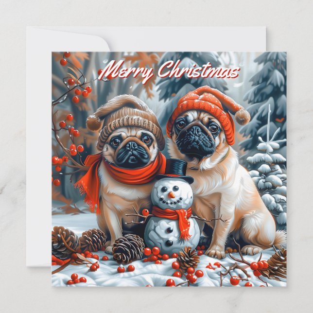 Mops mit Snowman Pack zu Weihnachten Mitteilungskarte (Vorderseite)