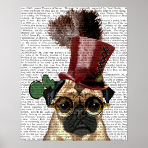 Mops mit Steampunk Art-Spitzenhut Poster