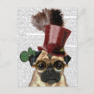 Mops mit Steampunk Art-Spitzenhut Postkarte