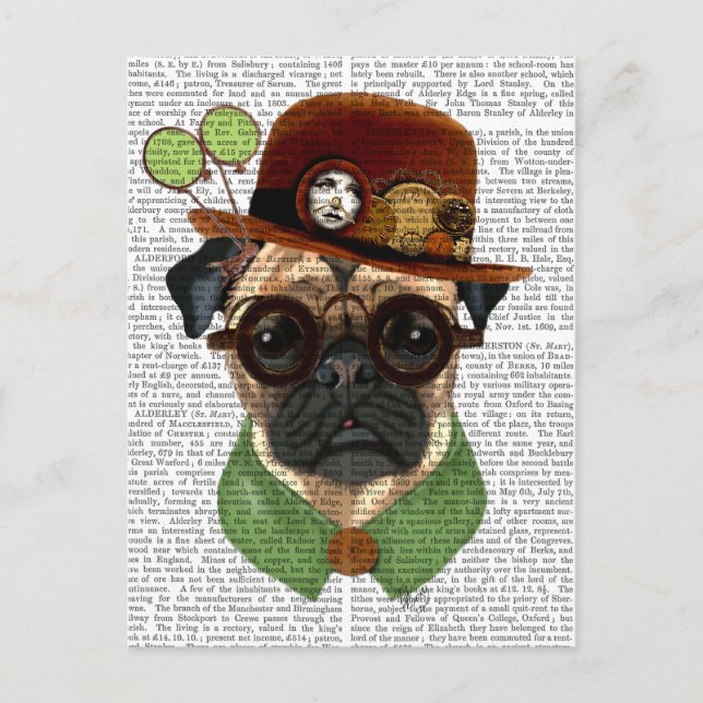 Mops mit Steampunk Bowler Hat Postkarte (Vorderseite)