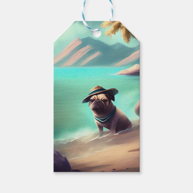 Mops mit Strandmalerei Geschenkanhänger (Vorderseite)