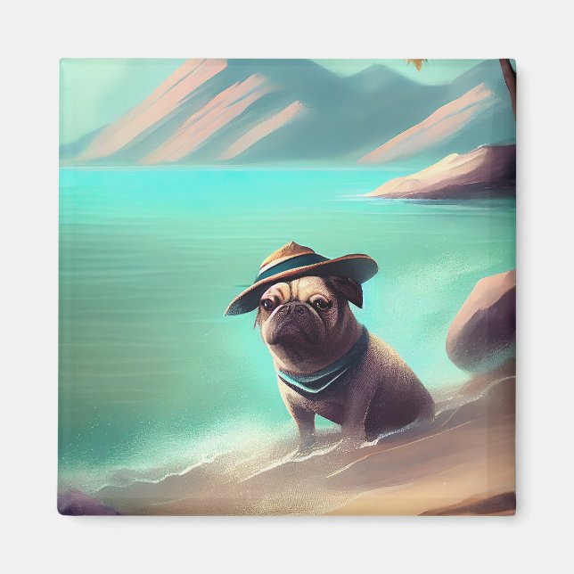 Mops mit Strandmalerei Magnet (Vorne)
