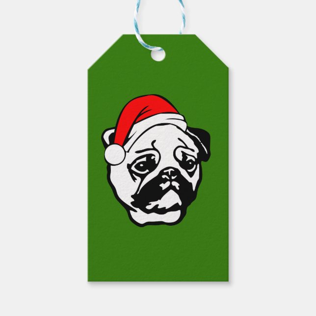 Mops mit Weihnachts-Weihnachtsmannmütze Geschenkanhänger (Vorderseite)
