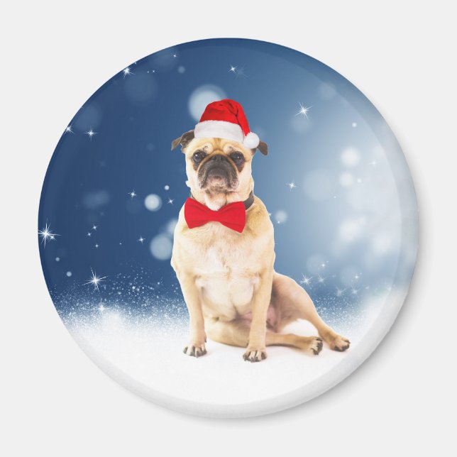 Mops mit Weihnachts-Weihnachtsmannmütze Magnet (Vorne)