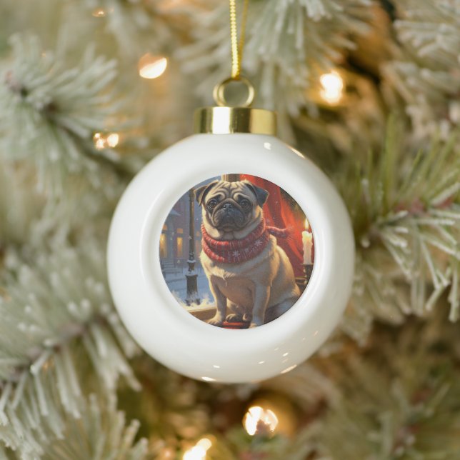 Mops mit Weihnachtsbeleuchtung Urlaub Keramik Kugel-Ornament (Baum)