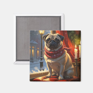 Mops mit Weihnachtsbeleuchtung Urlaub Magnet