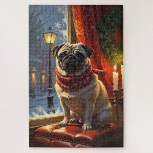 Mops mit Weihnachtsbeleuchtung Urlaub Puzzle