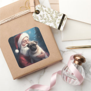 Mops mit Weihnachtsmann Festive Weihnachten Quadratischer Aufkleber