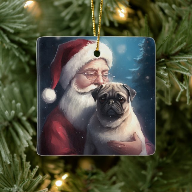 Mops mit Weihnachtsmann Weihnachten Keramikornament (Baum)