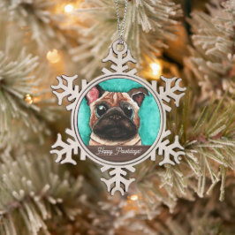 Mops Niedlich Wasserfarbe, Haustiere, Schneeflocke Schneeflocken Zinn-Ornament