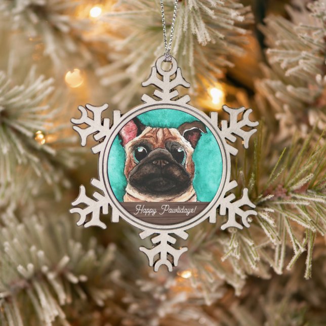 Mops Niedlich Wasserfarbe, Haustiere, Schneeflocke Schneeflocken Zinn-Ornament (Baum)