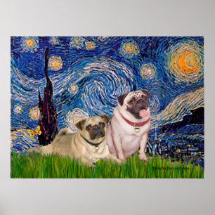 Mops Pair (fawn) - Starry Night Poster