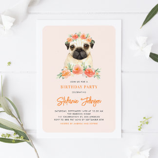 Mops Peach Floral Geburtstag Einladung
