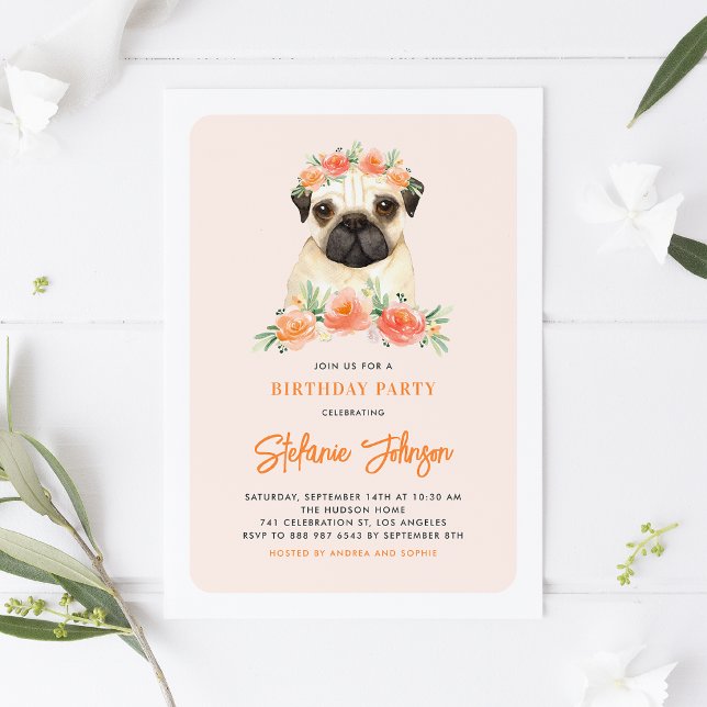 Mops Peach Floral Geburtstag Einladung (Von Creator hochgeladen)