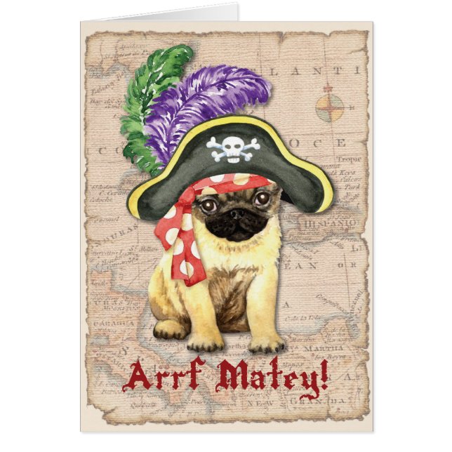 Mops Pirate Grußkarte (Vorne)